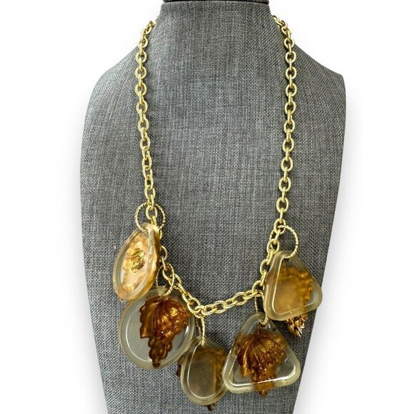 Artisan Gay Isber Statement Necklace Gold Grape Charms Resin Mixed Media 19” - Picture 6 of 11